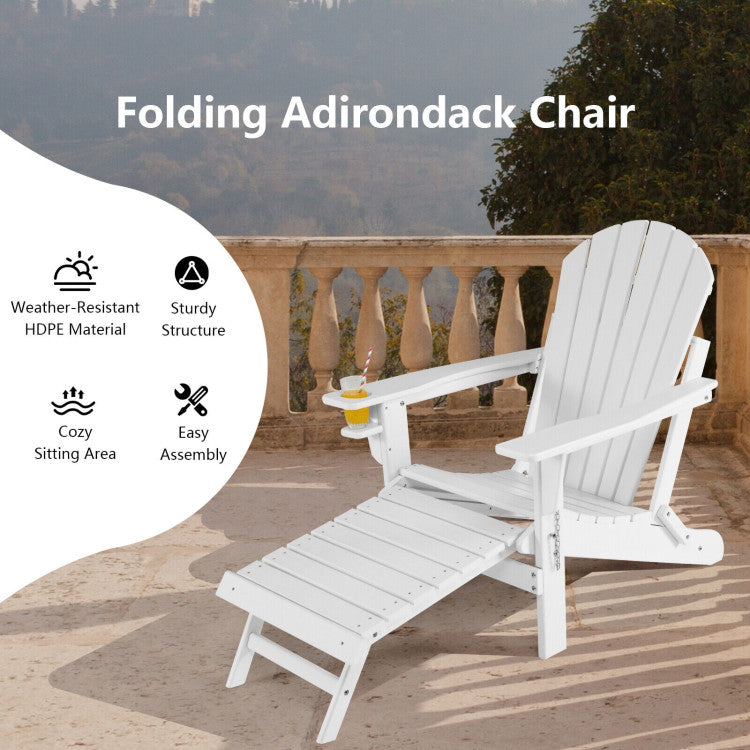 Outdoor All-Weather Folding Adirondack Chair Patio Fire Pit Chairs Lounge Chair with Pull-Out Ottoman and Cupholder