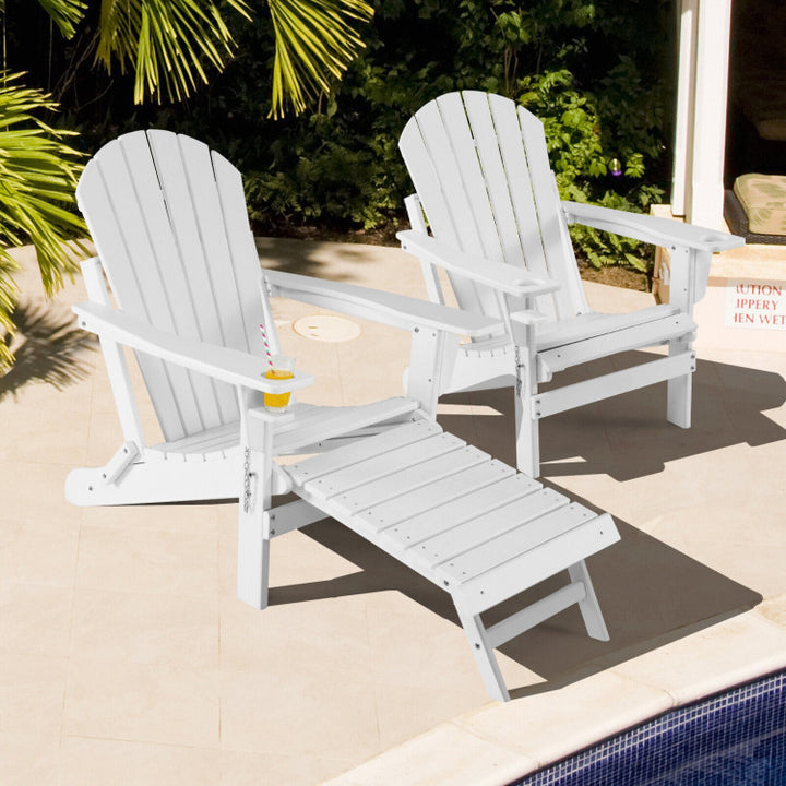 Outdoor All-Weather Folding Adirondack Chair Patio Fire Pit Chairs Lounge Chair with Pull-Out Ottoman and Cupholder