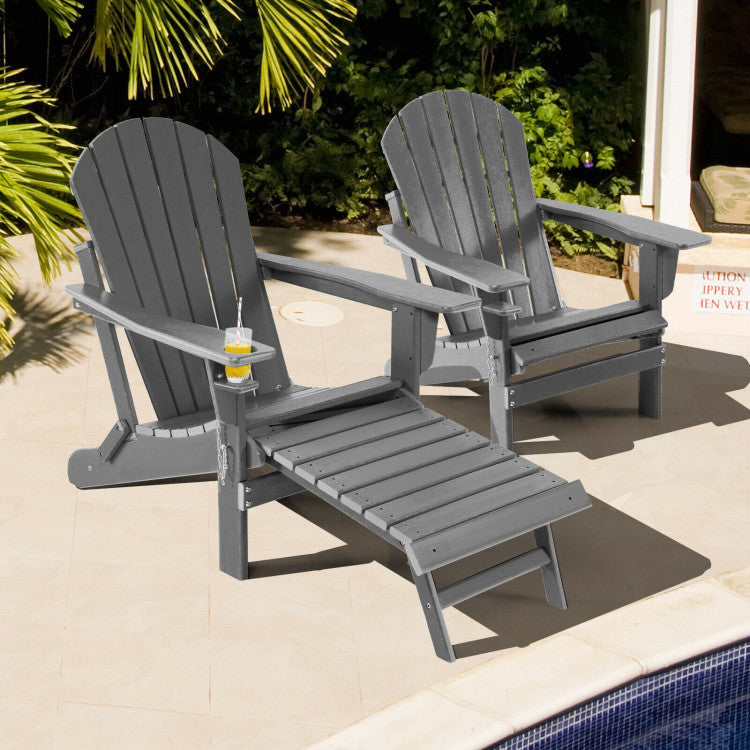 Outdoor All-Weather Folding Adirondack Chair Patio Fire Pit Chairs Lounge Chair with Pull-Out Ottoman and Cupholder