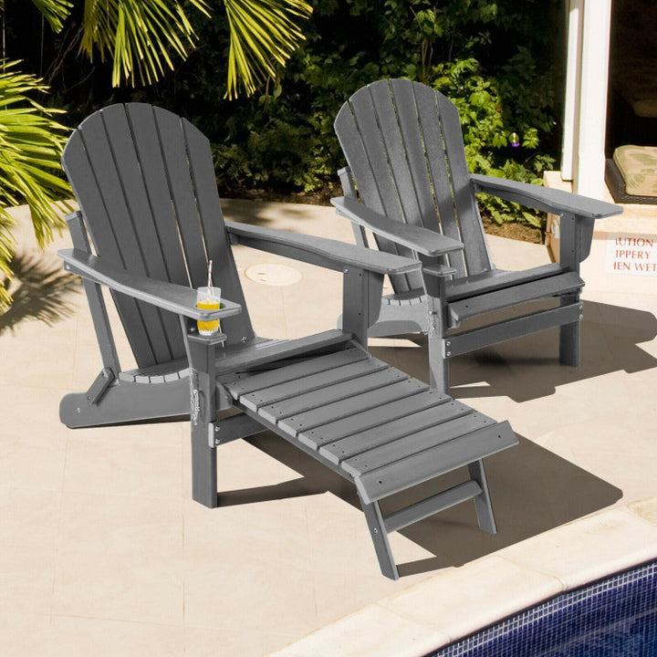 Outdoor All-Weather Folding Adirondack Chair Patio Fire Pit Chairs Lounge Chair with Pull-Out Ottoman and Cupholder