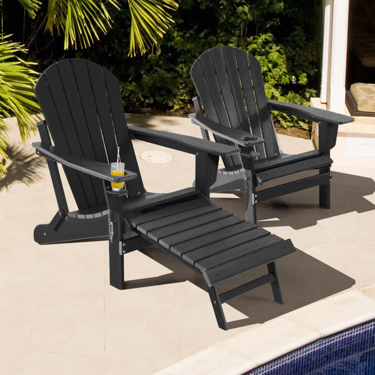 Outdoor All-Weather Folding Adirondack Chair Patio Fire Pit Chairs Lounge Chair with Pull-Out Ottoman and Cupholder