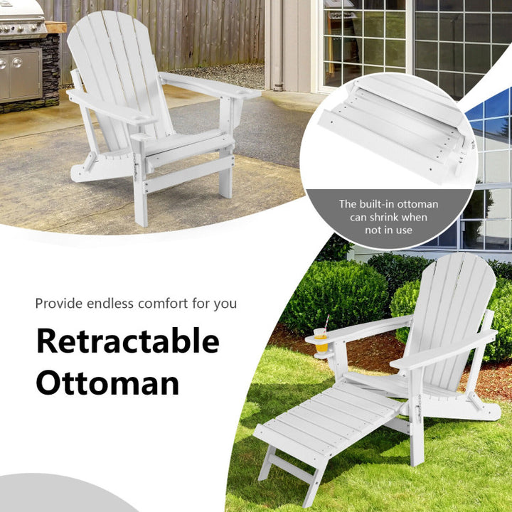 Outdoor All-Weather Folding Adirondack Chair Patio Fire Pit Chairs Lounge Chair with Pull-Out Ottoman and Cupholder