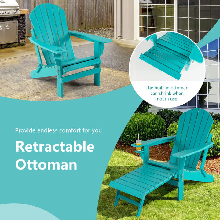 Outdoor All-Weather Folding Adirondack Chair Patio Fire Pit Chairs Lounge Chair with Pull-Out Ottoman and Cupholder
