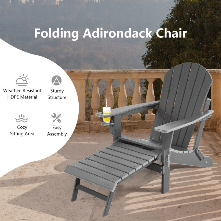 Outdoor All-Weather Folding Adirondack Chair Patio Fire Pit Chairs Lounge Chair with Pull-Out Ottoman and Cupholder