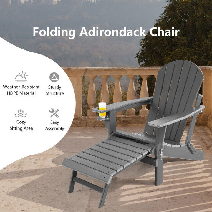 Outdoor All-Weather Folding Adirondack Chair Patio Fire Pit Chairs Lounge Chair with Pull-Out Ottoman and Cupholder