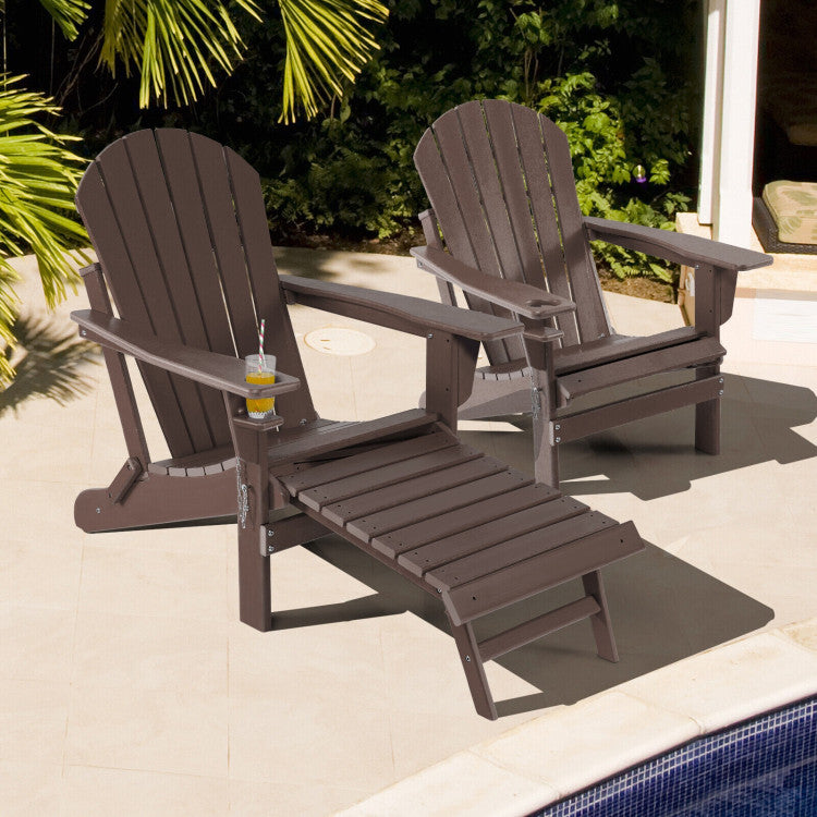 Outdoor All-Weather Folding Adirondack Chair Patio Fire Pit Chairs Lounge Chair with Pull-Out Ottoman and Cupholder