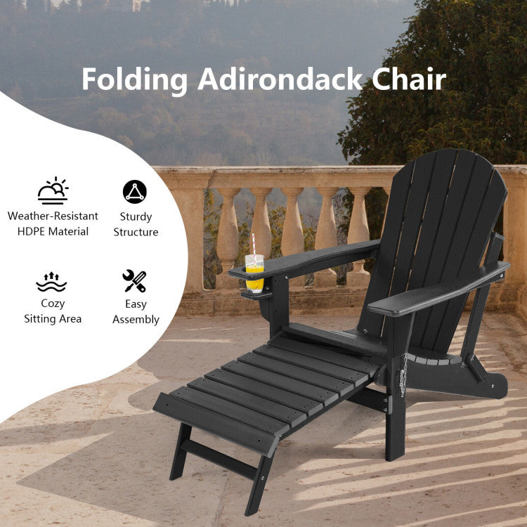 Outdoor All-Weather Folding Adirondack Chair Patio Fire Pit Chairs Lounge Chair with Pull-Out Ottoman and Cupholder