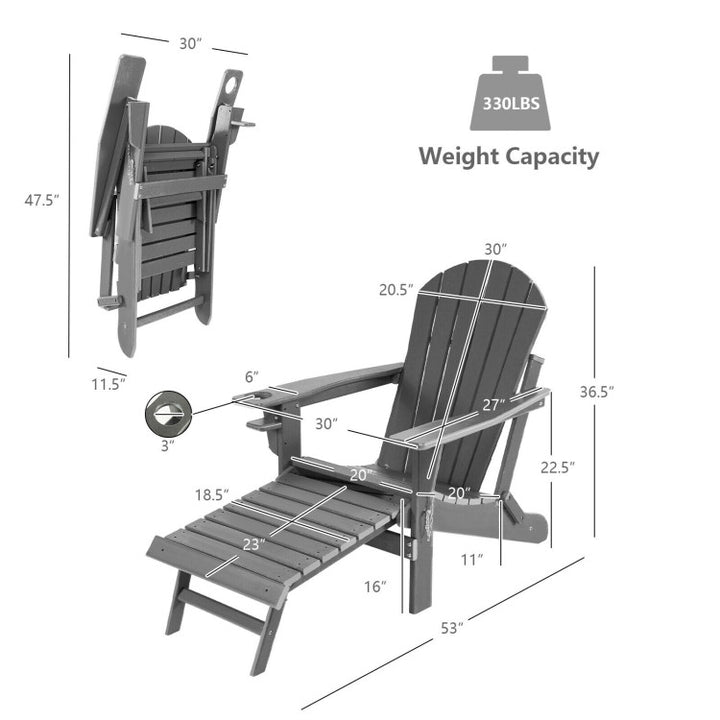 Outdoor All-Weather Folding Adirondack Chair Patio Fire Pit Chairs Lounge Chair with Pull-Out Ottoman and Cupholder
