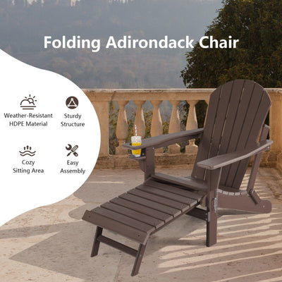 Outdoor All-Weather Folding Adirondack Chair Patio Fire Pit Chairs Lounge Chair with Pull-Out Ottoman and Cupholder