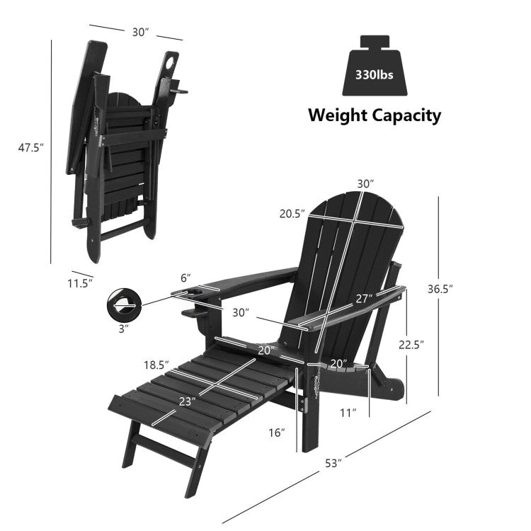 Outdoor All-Weather Folding Adirondack Chair Patio Fire Pit Chairs Lounge Chair with Pull-Out Ottoman and Cupholder