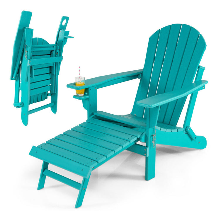 Outdoor All-Weather Folding Adirondack Chair Patio Fire Pit Chairs Lounge Chair with Pull-Out Ottoman and Cupholder