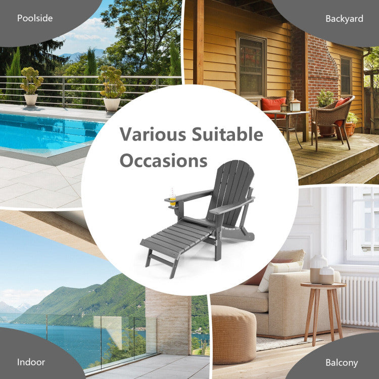 Outdoor All-Weather Folding Adirondack Chair Patio Fire Pit Chairs Lounge Chair with Pull-Out Ottoman and Cupholder