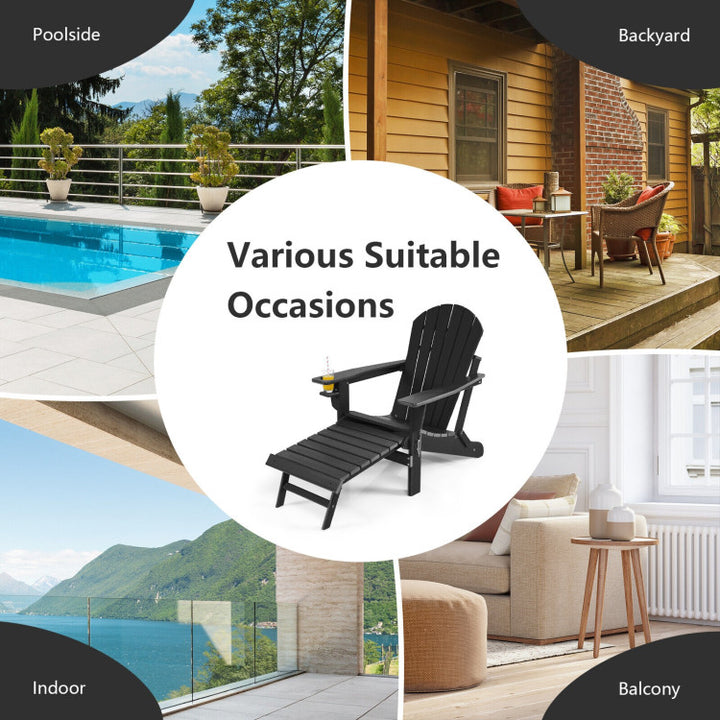 Outdoor All-Weather Folding Adirondack Chair Patio Fire Pit Chairs Lounge Chair with Pull-Out Ottoman and Cupholder