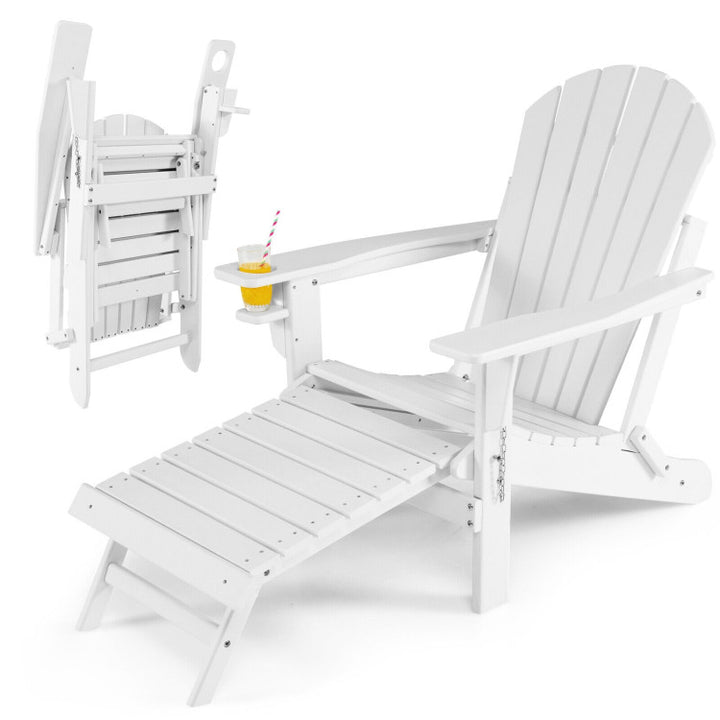 Outdoor All-Weather Folding Adirondack Chair Patio Fire Pit Chairs Lounge Chair with Pull-Out Ottoman and Cupholder