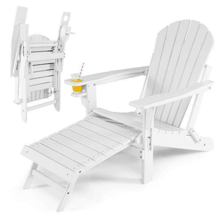 Outdoor All-Weather Folding Adirondack Chair Patio Fire Pit Chairs Lounge Chair with Pull-Out Ottoman and Cupholder