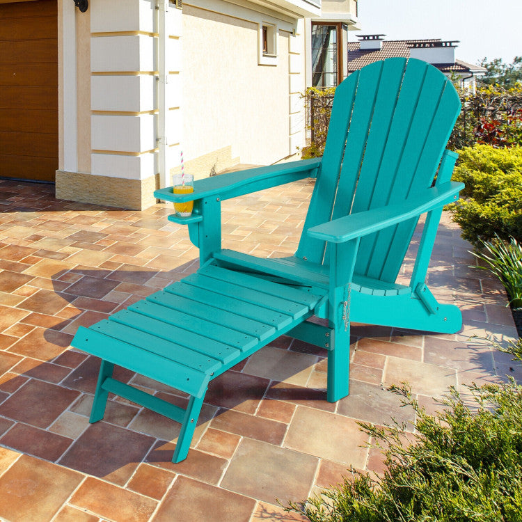 Outdoor All-Weather Folding Adirondack Chair Patio Fire Pit Chairs Lounge Chair with Pull-Out Ottoman and Cupholder