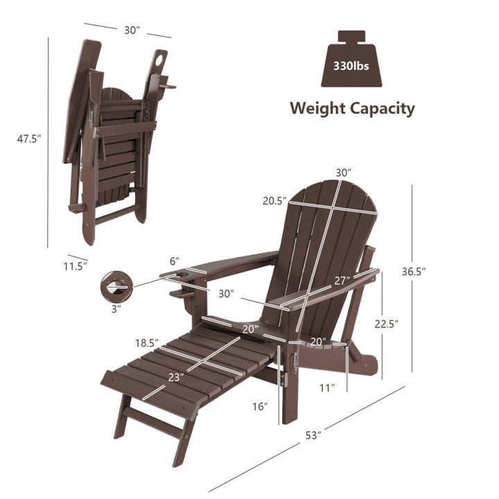 Outdoor All-Weather Folding Adirondack Chair Patio Fire Pit Chairs Lounge Chair with Pull-Out Ottoman and Cupholder