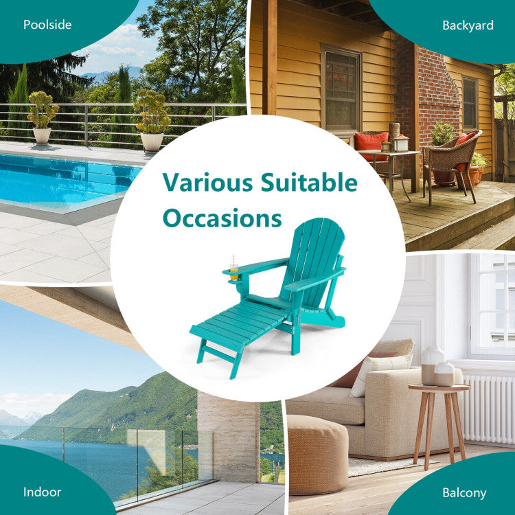 Outdoor All-Weather Folding Adirondack Chair Patio Fire Pit Chairs Lounge Chair with Pull-Out Ottoman and Cupholder
