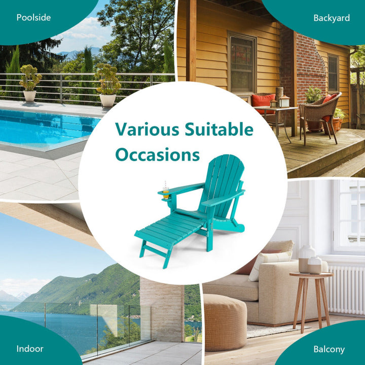 Outdoor All-Weather Folding Adirondack Chair Patio Fire Pit Chairs Lounge Chair with Pull-Out Ottoman and Cupholder