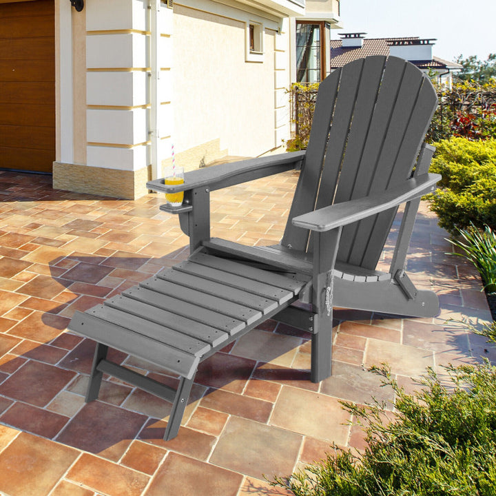 Outdoor All-Weather Folding Adirondack Chair Patio Fire Pit Chairs Lounge Chair with Pull-Out Ottoman and Cupholder