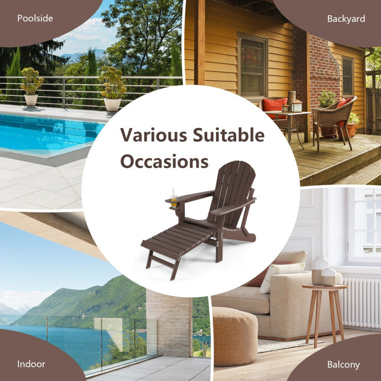 Outdoor All-Weather Folding Adirondack Chair Patio Fire Pit Chairs Lounge Chair with Pull-Out Ottoman and Cupholder