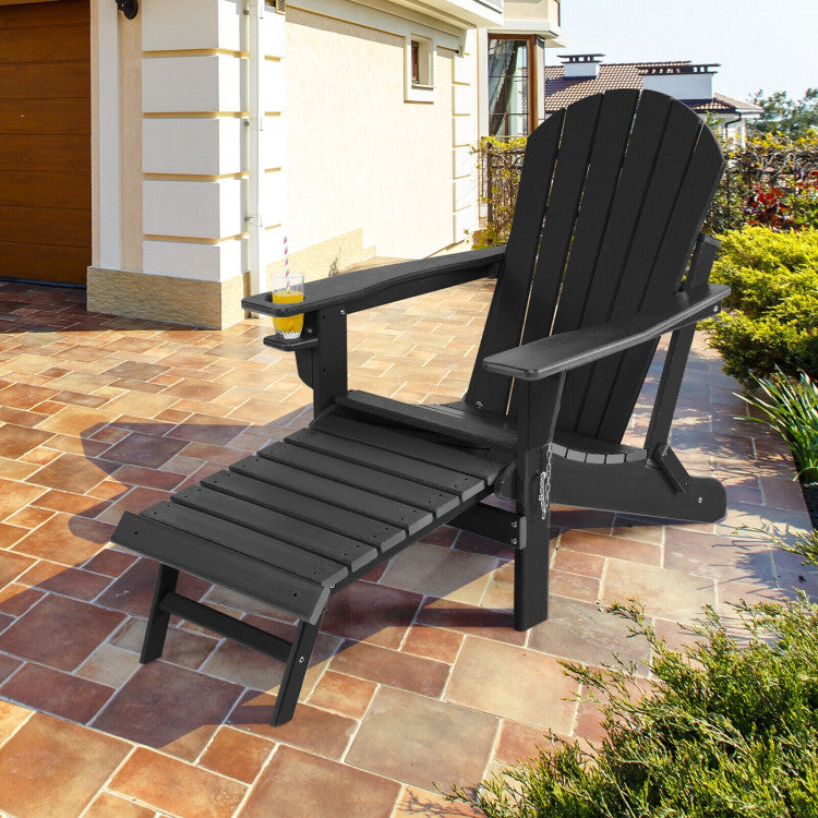 Outdoor All-Weather Folding Adirondack Chair Patio Fire Pit Chairs Lounge Chair with Pull-Out Ottoman and Cupholder