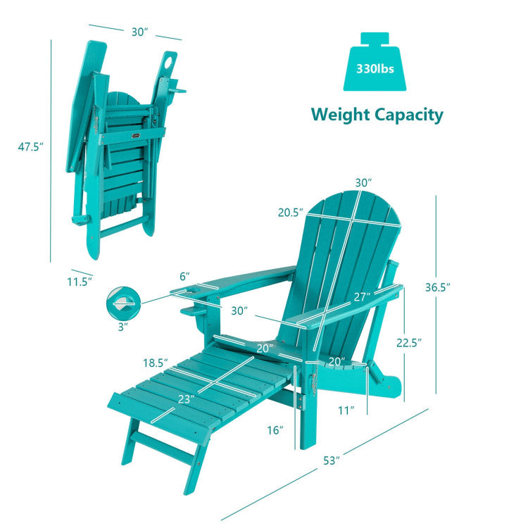 Outdoor All-Weather Folding Adirondack Chair Patio Fire Pit Chairs Lounge Chair with Pull-Out Ottoman and Cupholder