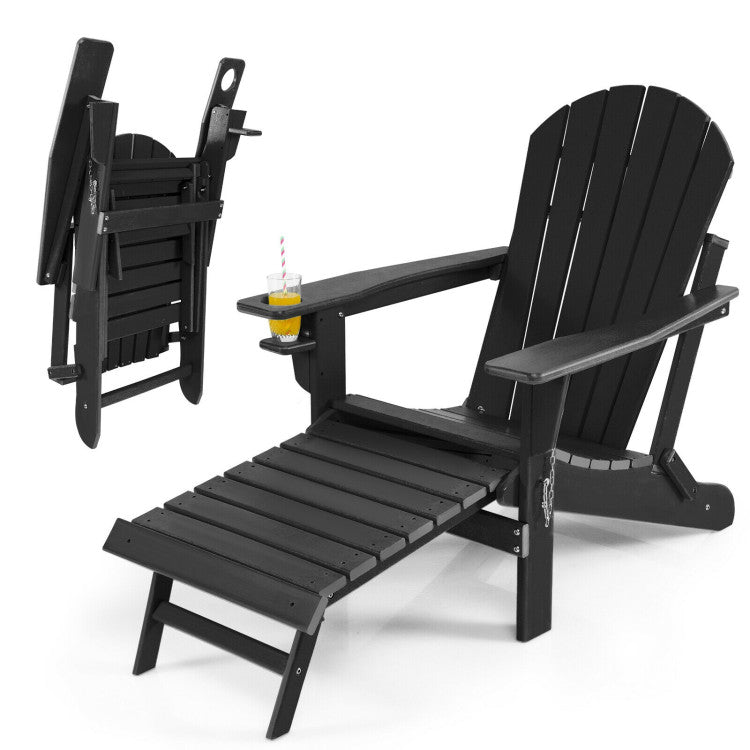 Outdoor All-Weather Folding Adirondack Chair Patio Fire Pit Chairs Lounge Chair with Pull-Out Ottoman and Cupholder
