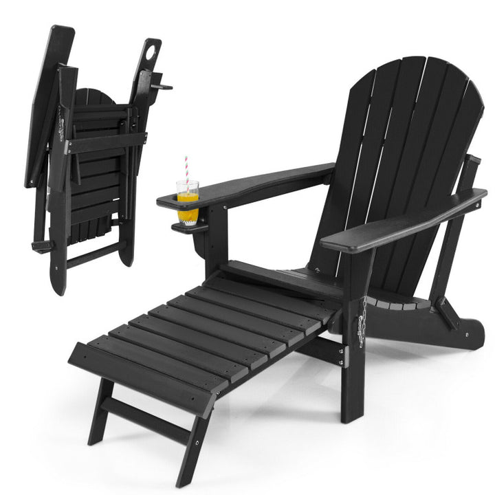 Outdoor All-Weather Folding Adirondack Chair Patio Fire Pit Chairs Lounge Chair with Pull-Out Ottoman and Cupholder