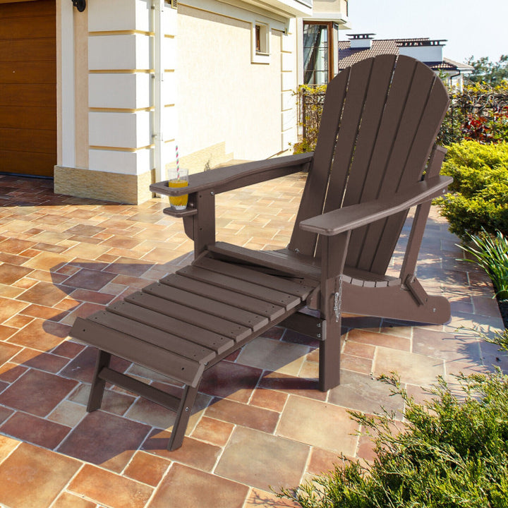Outdoor All-Weather Folding Adirondack Chair Patio Fire Pit Chairs Lounge Chair with Pull-Out Ottoman and Cupholder