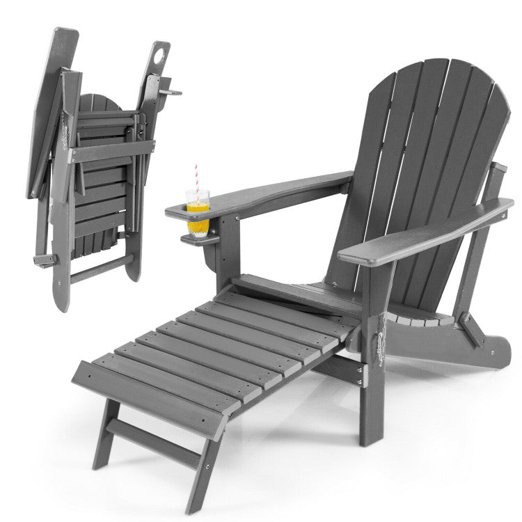 Outdoor All-Weather Folding Adirondack Chair Patio Fire Pit Chairs Lounge Chair with Pull-Out Ottoman and Cupholder