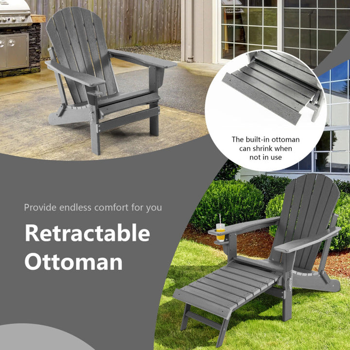 Outdoor All-Weather Folding Adirondack Chair Patio Fire Pit Chairs Lounge Chair with Pull-Out Ottoman and Cupholder