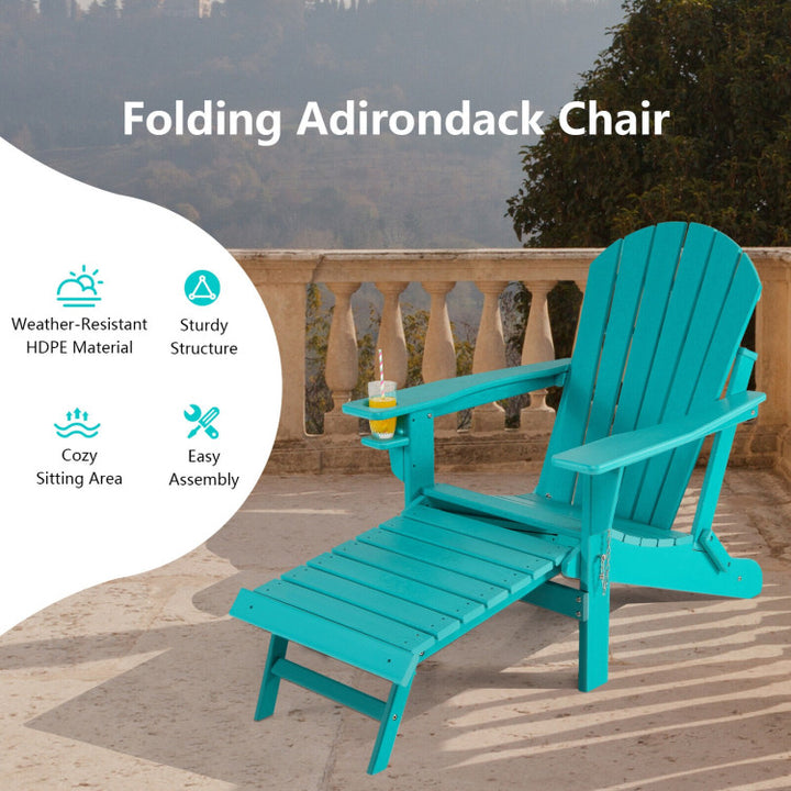Outdoor All-Weather Folding Adirondack Chair Patio Fire Pit Chairs Lounge Chair with Pull-Out Ottoman and Cupholder