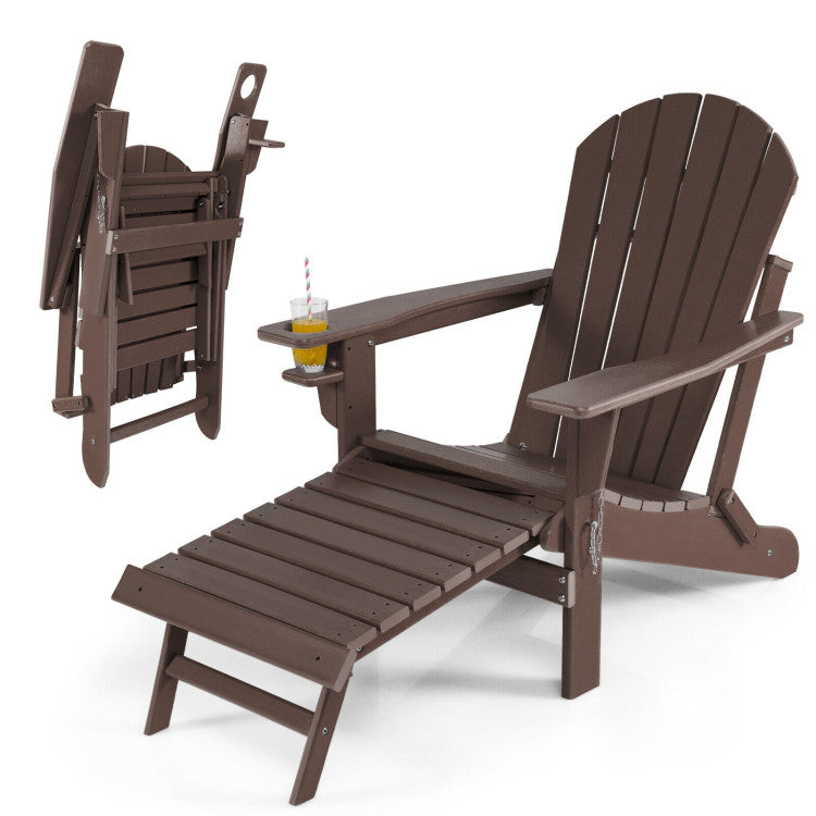 Outdoor All-Weather Folding Adirondack Chair Patio Fire Pit Chairs Lounge Chair with Pull-Out Ottoman and Cupholder