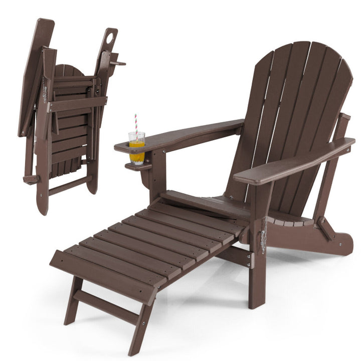 Outdoor All-Weather Folding Adirondack Chair Patio Fire Pit Chairs Lounge Chair with Pull-Out Ottoman and Cupholder