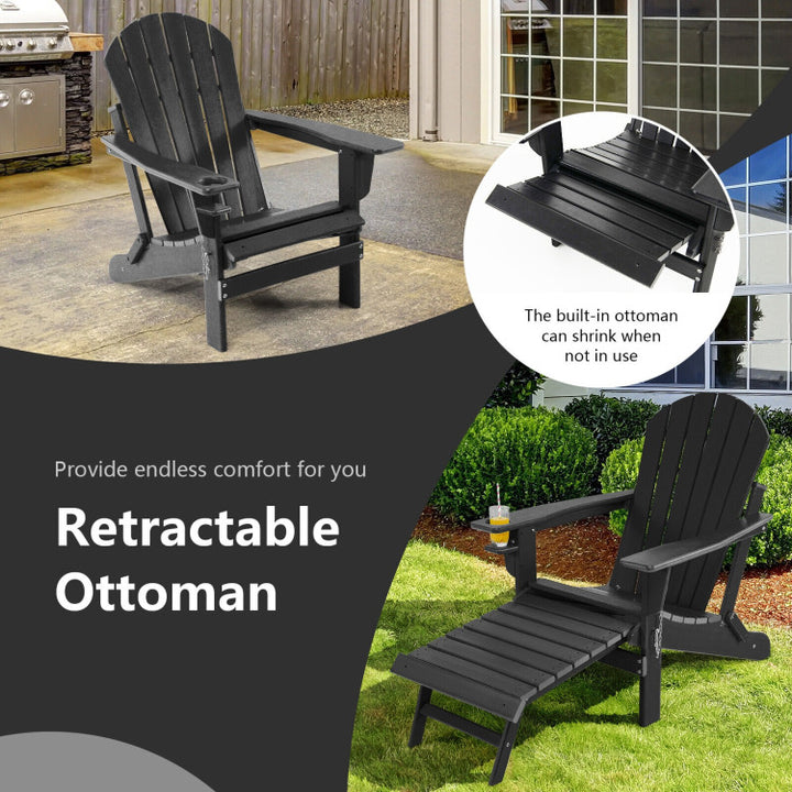 Outdoor All-Weather Folding Adirondack Chair Patio Fire Pit Chairs Lounge Chair with Pull-Out Ottoman and Cupholder
