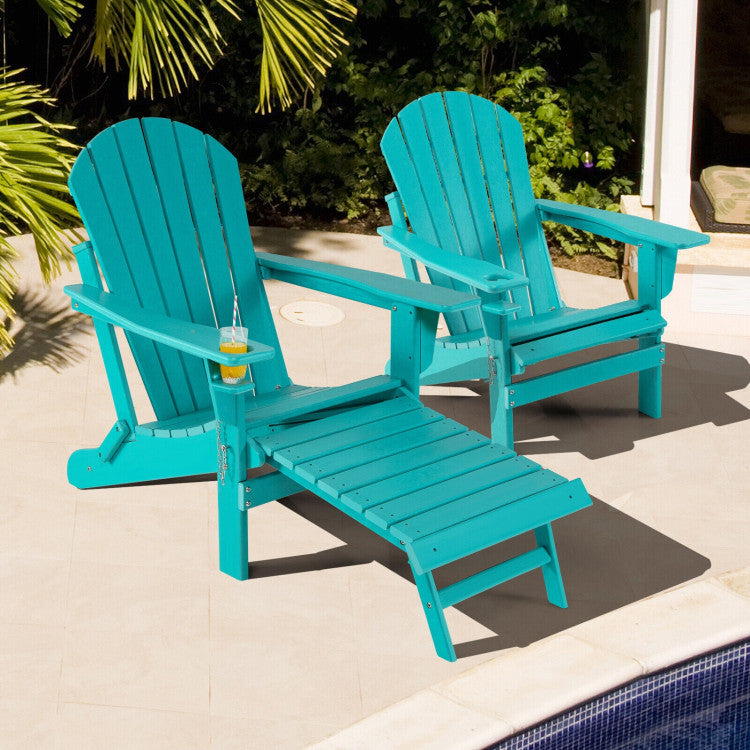 Outdoor All-Weather Folding Adirondack Chair Patio Fire Pit Chairs Lounge Chair with Pull-Out Ottoman and Cupholder