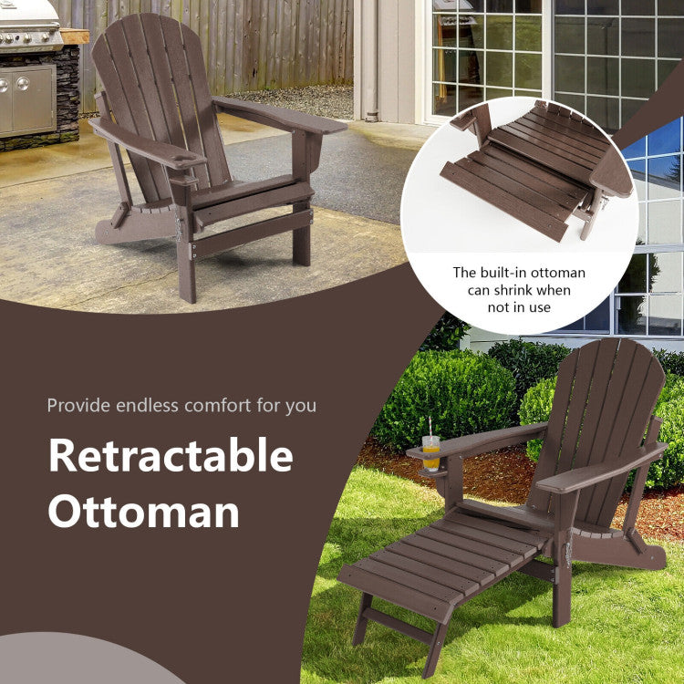 Outdoor All-Weather Folding Adirondack Chair Patio Fire Pit Chairs Lounge Chair with Pull-Out Ottoman and Cupholder
