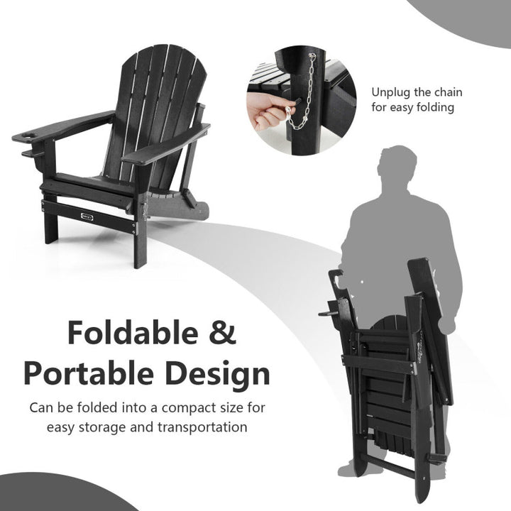 Outdoor All-Weather Folding Adirondack Chair Patio Fire Pit Chairs Lounge Chair with Pull-Out Ottoman and Cupholder