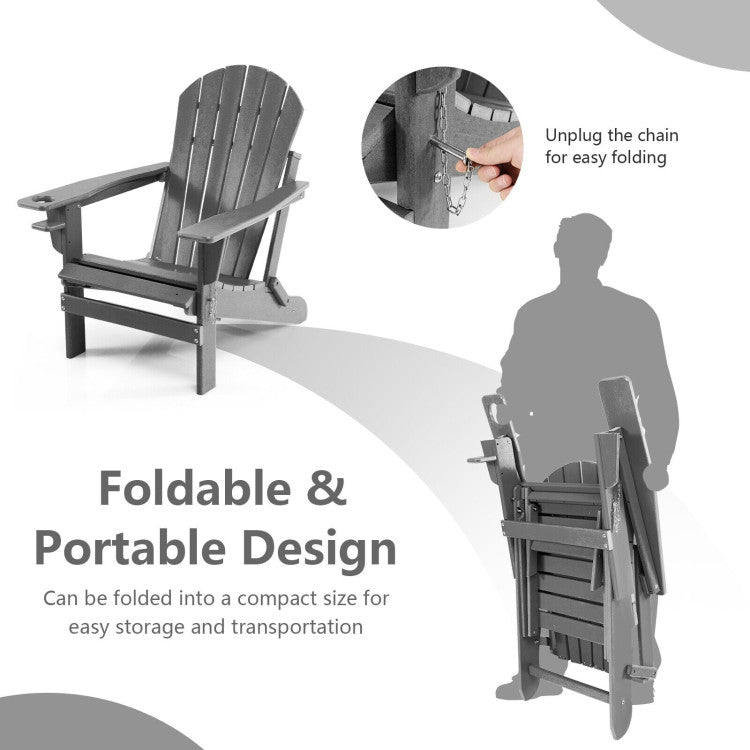 Outdoor All-Weather Folding Adirondack Chair Patio Fire Pit Chairs Lounge Chair with Pull-Out Ottoman and Cupholder