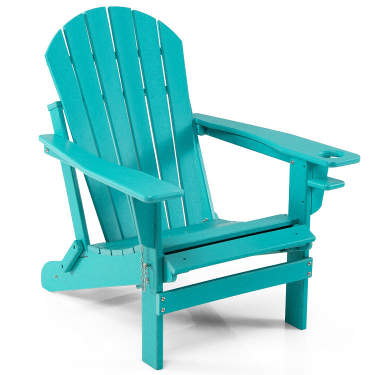 Outdoor All-Weather Folding Adirondack Chair Patio Fire Pit Chairs Lounge Chair with Pull-Out Ottoman and Cupholder
