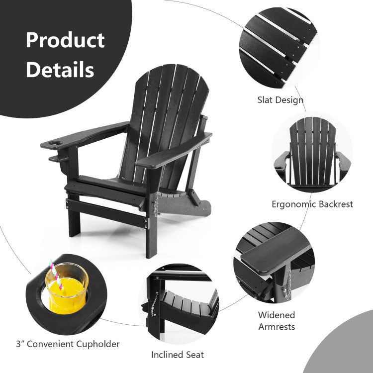 Outdoor All-Weather Folding Adirondack Chair Patio Fire Pit Chairs Lounge Chair with Pull-Out Ottoman and Cupholder