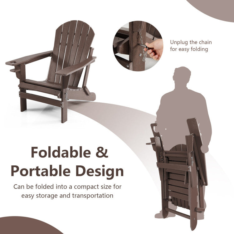 Outdoor All-Weather Folding Adirondack Chair Patio Fire Pit Chairs Lounge Chair with Pull-Out Ottoman and Cupholder