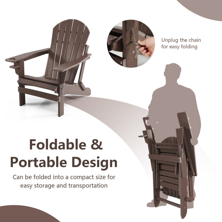 Outdoor All-Weather Folding Adirondack Chair Patio Fire Pit Chairs Lounge Chair with Pull-Out Ottoman and Cupholder