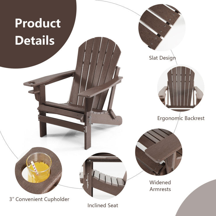 Outdoor All-Weather Folding Adirondack Chair Patio Fire Pit Chairs Lounge Chair with Pull-Out Ottoman and Cupholder