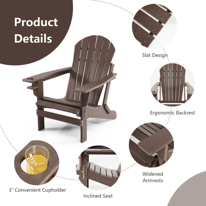 Outdoor All-Weather Folding Adirondack Chair Patio Fire Pit Chairs Lounge Chair with Pull-Out Ottoman and Cupholder