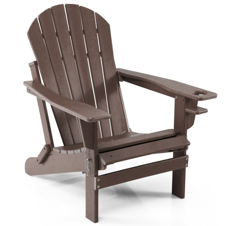 Outdoor All-Weather Folding Adirondack Chair Patio Fire Pit Chairs Lounge Chair with Pull-Out Ottoman and Cupholder