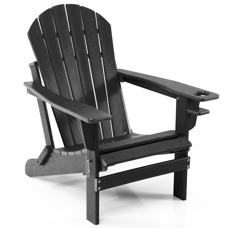 Outdoor All-Weather Folding Adirondack Chair Patio Fire Pit Chairs Lounge Chair with Pull-Out Ottoman and Cupholder
