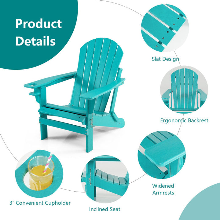 Outdoor All-Weather Folding Adirondack Chair Patio Fire Pit Chairs Lounge Chair with Pull-Out Ottoman and Cupholder