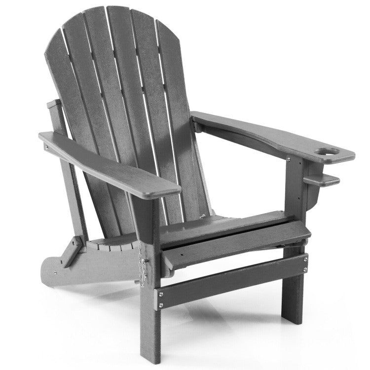 Outdoor All-Weather Folding Adirondack Chair Patio Fire Pit Chairs Lounge Chair with Pull-Out Ottoman and Cupholder